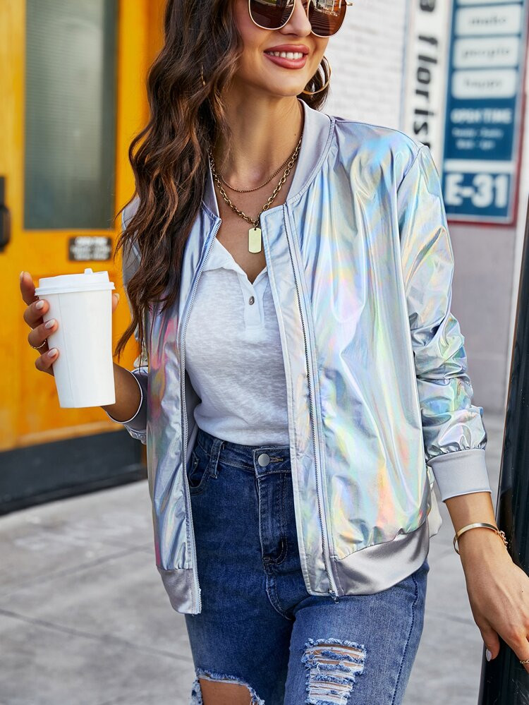 SHEIN Unity Holographic Zip Up Bomber Jacket | SHEIN