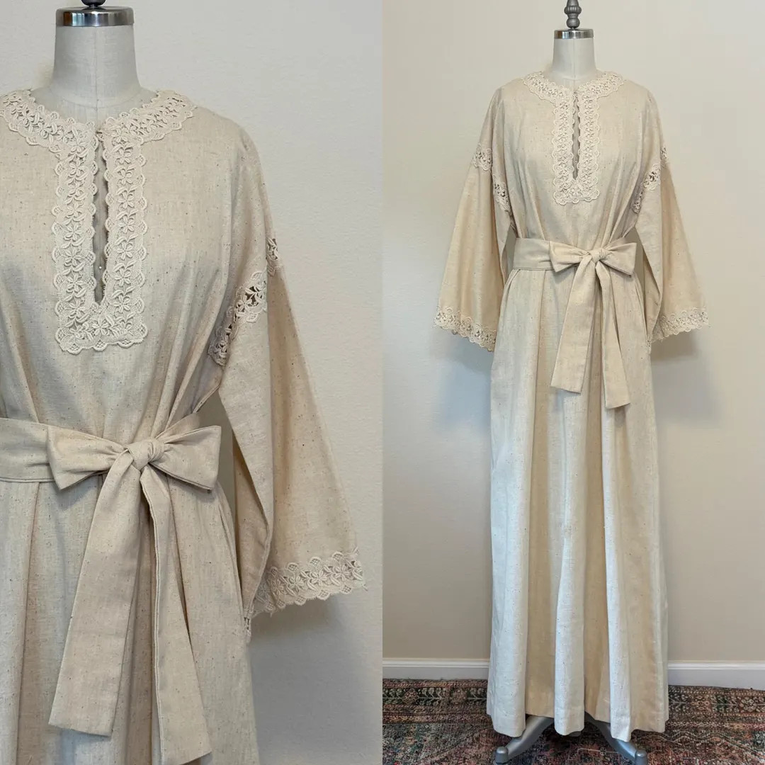 Vintage 70s Natural Cotton Caftan, 1970s Cream Beige Muslin Lace Trim Maxi Dress, Lounge Dress, S... | Etsy (US)