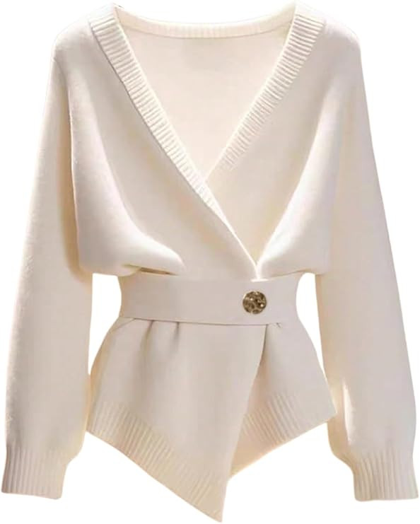 Verdusa Women's Old Money Wrap Sweater Asymmetrical Cinched Waist Belted Comfy Cardigan | Amazon (US)