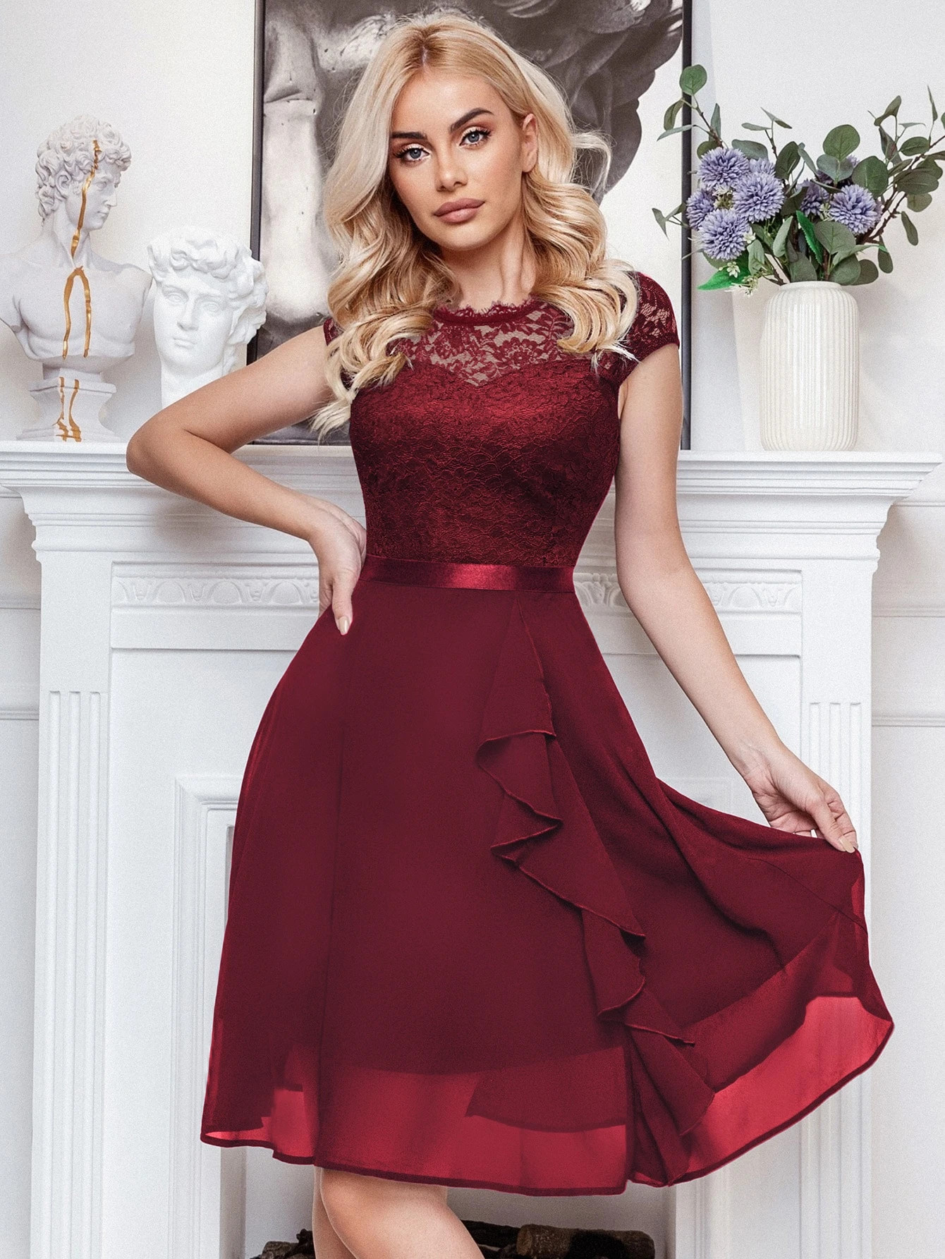 MIUSOL Lace Bodice Ruffle Trim Chiffon Swing Cocktail Dress | SHEIN