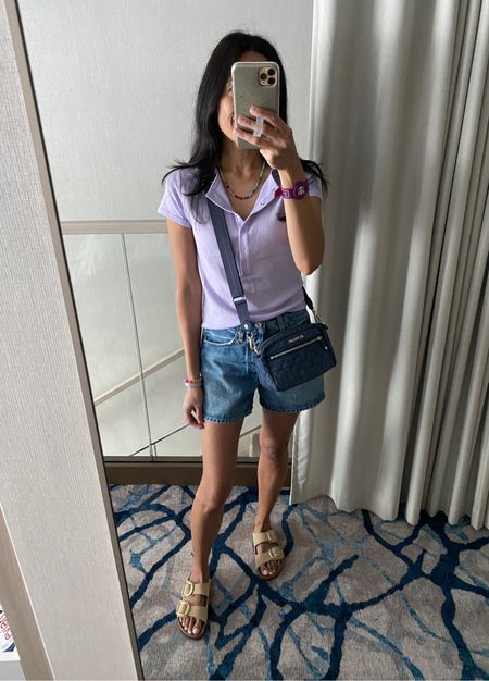  Vacation outfit. Spring outfit. 
Henley top true to size. 
Denim shorts true to size. 
Colorful stone necklace from @sequin use code NAOMI20 to save. 
Denim handbag. Denim bag. 
Slide sandals. 
Code HINTOFGLAM to save on charm necklace  

#LTKitbag #LTKover40 #LTKtravel
