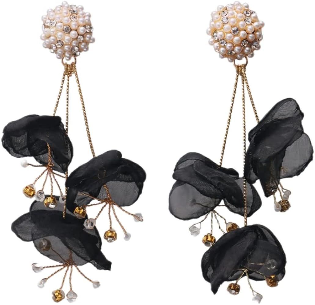 Cualque Long Flower Pearls Rhinestone Long Tassel Earrings Drop Pearl Stud Lace Handmade Exaggera... | Amazon (US)
