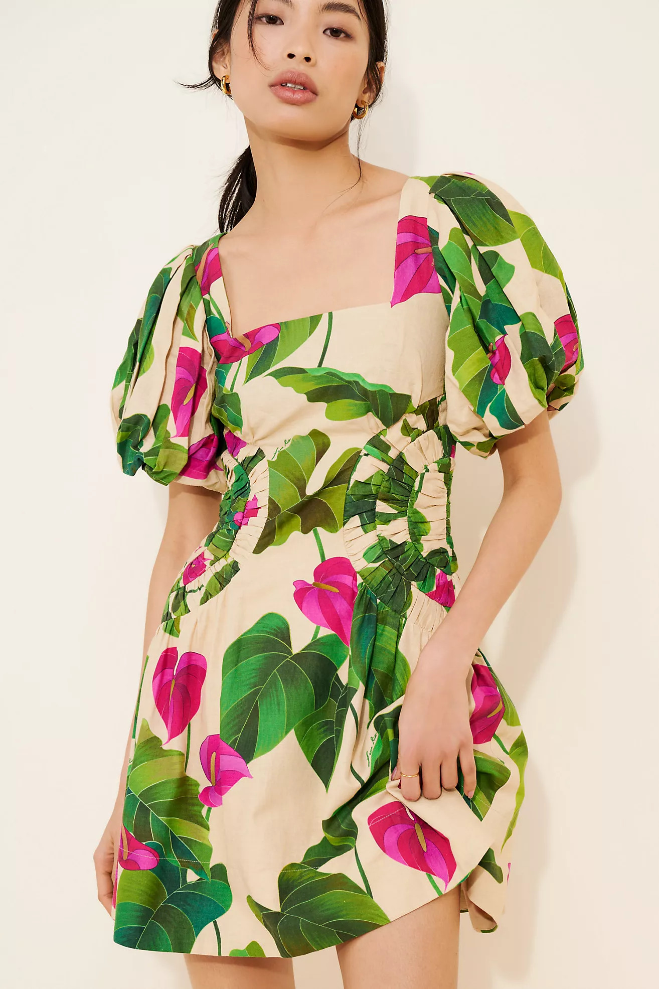 FARM Rio Anthurium Leaves Puff Sleeve Mini Dress | Anthropologie (US)