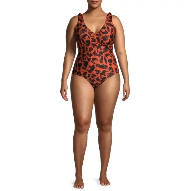 Social Angel Women's Plus Size Leopard Tie Shoulder Plunge One Piece Swimsuit | Walmart (US)