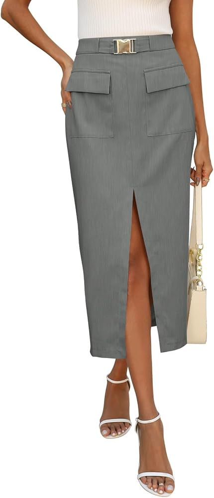MEROKEETY Women's 2024 High Waisted Cargo Midi Skirt Belted Long Pencil Skirts Flap Pockets with ... | Amazon (US)