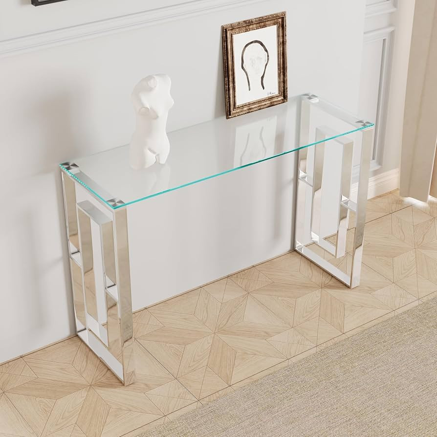 Glass Console Table, Modern 47.2'' Entryway Table, Glass Top with Stainless Steel Base, Metal Hal... | Amazon (US)