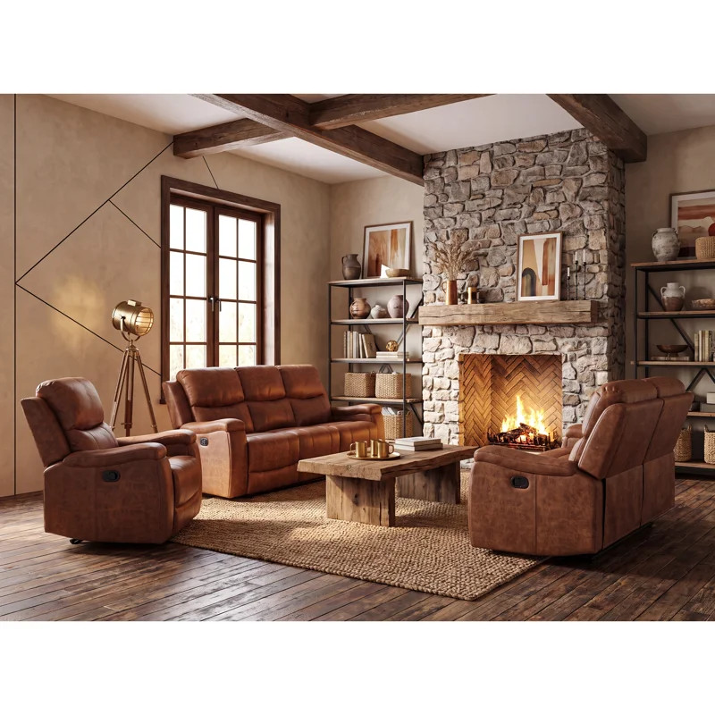 Ilkeston 3-Piece Manual Reclining Faux Leather Living Room Set with Built-in Cupholder | Wayfair North America