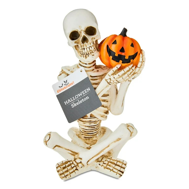 Skeleton & Jack-o'-Lantern Tabletop Decor, White & Orange, 9", Halloween by Way To Celebrate | Walmart (US)