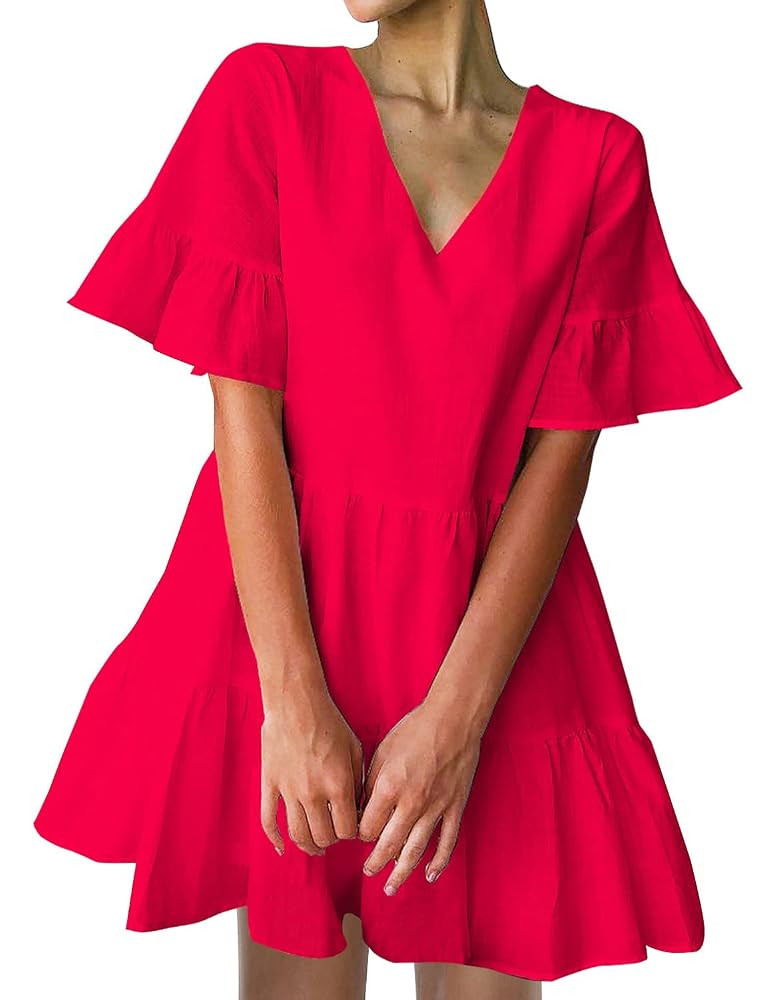 FANCYINN Women’s V Neck Cute Shift Dress with Pockets Bell Sleeve Ruffle Hem Loose Swing Summer... | Amazon (US)