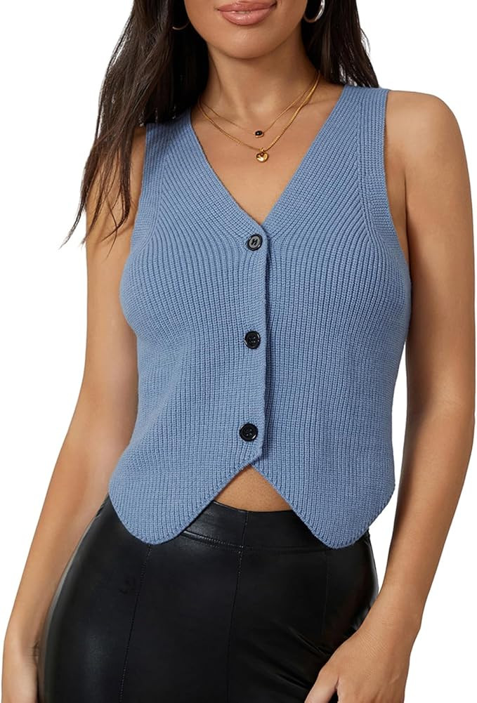 Women Knit Vest Top Y2k V Neck Sleeveless Button Up Crochet Going Out Tops Fashion Streetwear | Amazon (US)