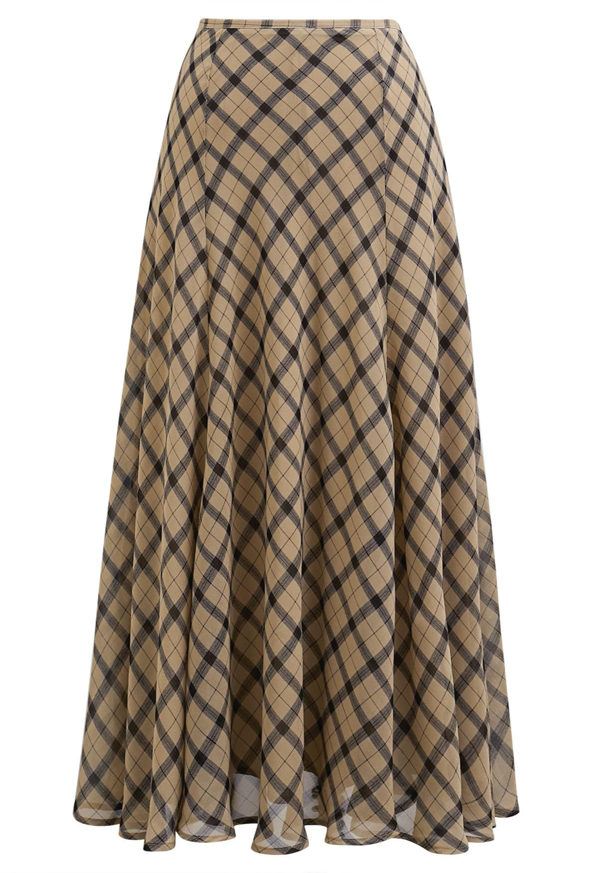 Flowy Plaid Panel Chiffon Flare Maxi Skirt in Tan | Chicwish