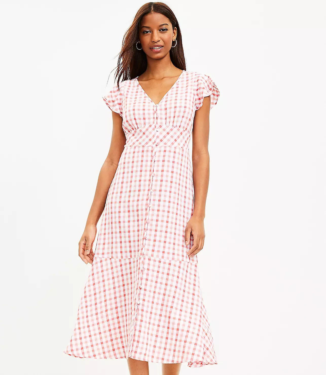 Gingham Flutter V-Neck Midi Dress | LOFT