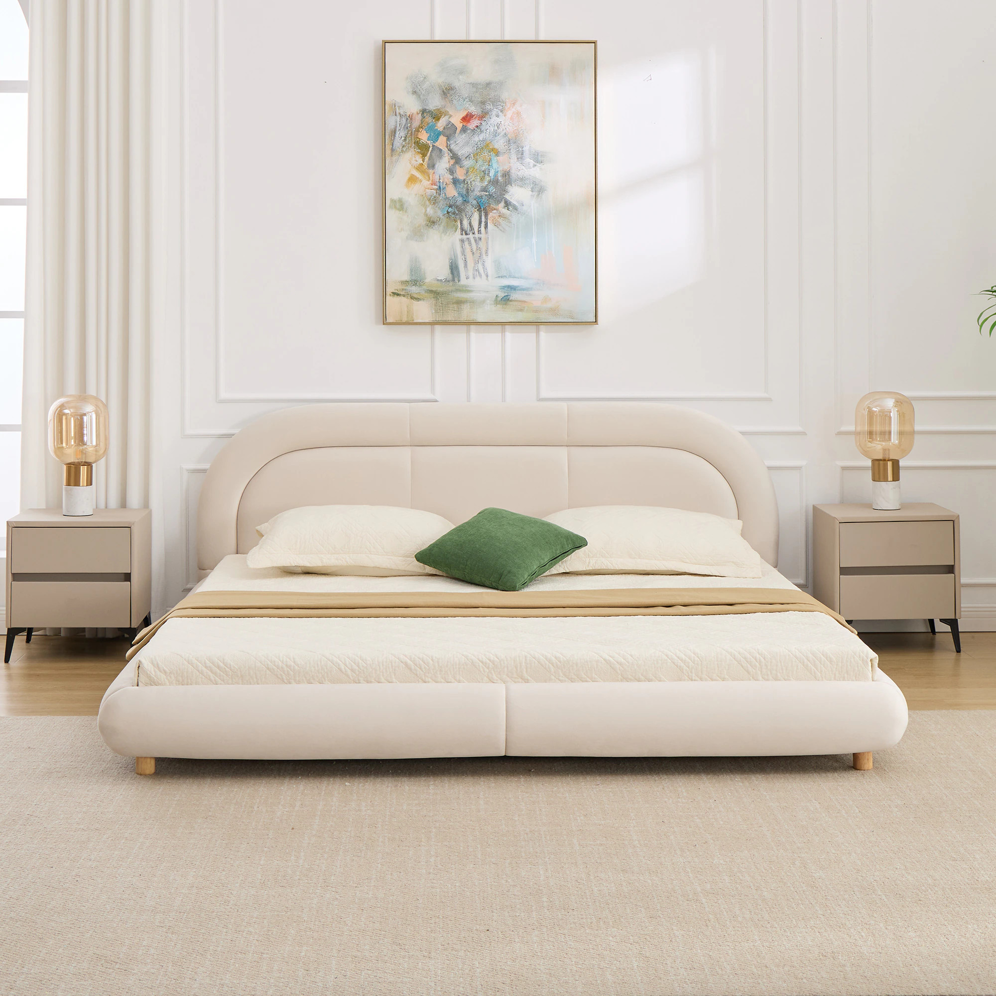 GDFStudio Modern King Size Low Profile Platform Bed with Curved Velvet Beige Headboard and Easy Assembly Design one_size | 380780 | Lowe's