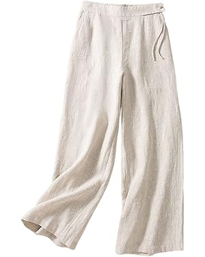 Gihuo Women' s Summer Cotten Linen Pants Back Elastic Waist Wide Leg Pants Flowy Long Trousers Hi... | Amazon (US)