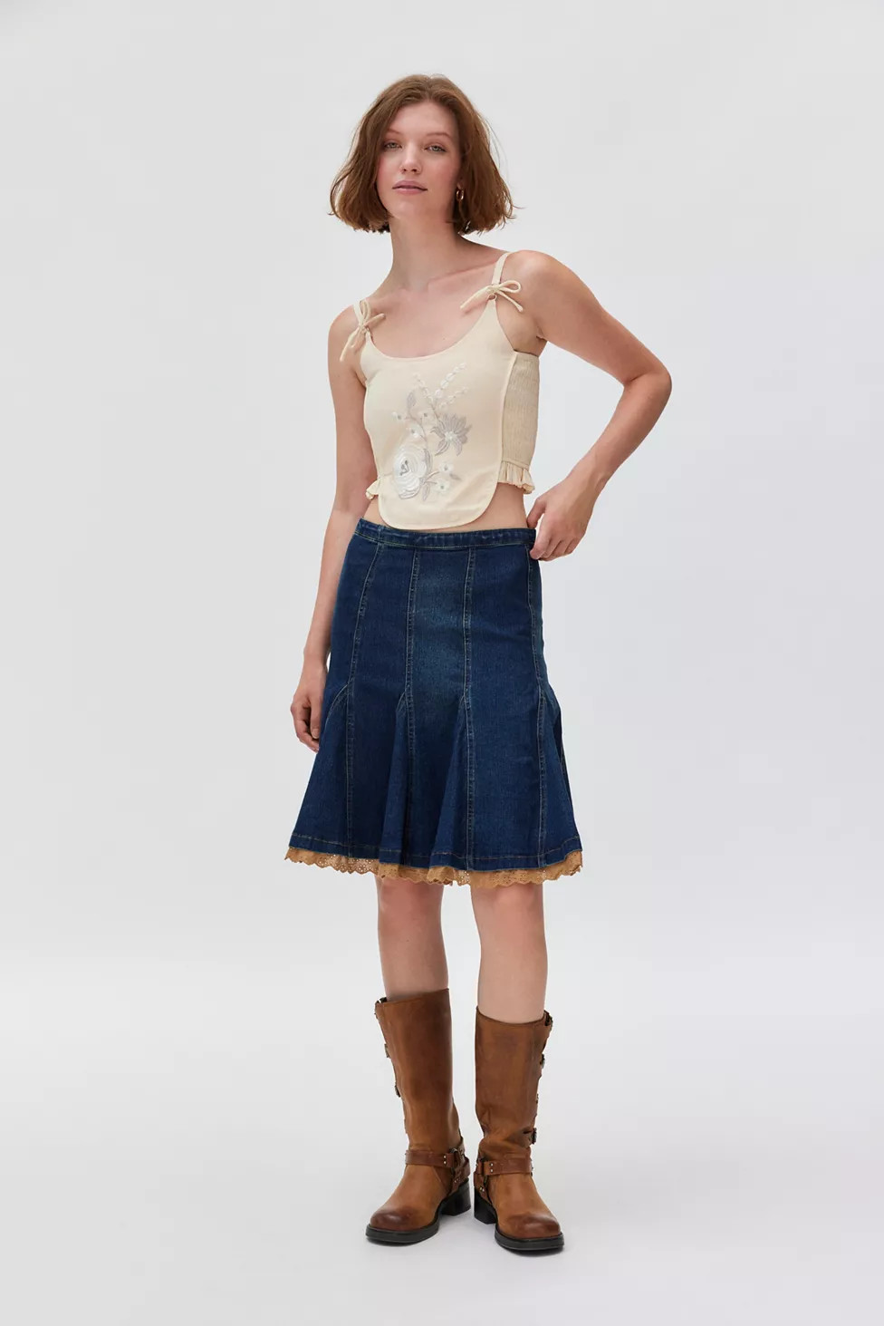 Kimchi Blue Tamara Denim Lace Midi Skirt | Urban Outfitters (US and RoW)