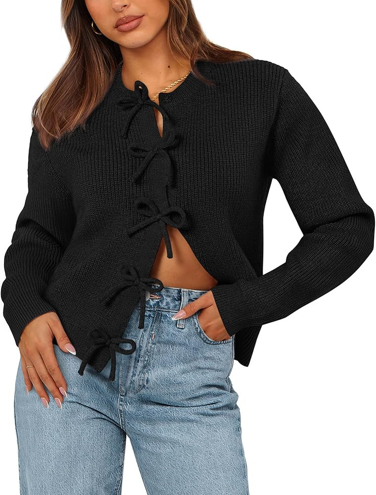 BTFBM Bow Cardigan Sweaters for Women Trendy 2025 Fall Winter Open Front Long Sleeve Button Down ... | Amazon (US)