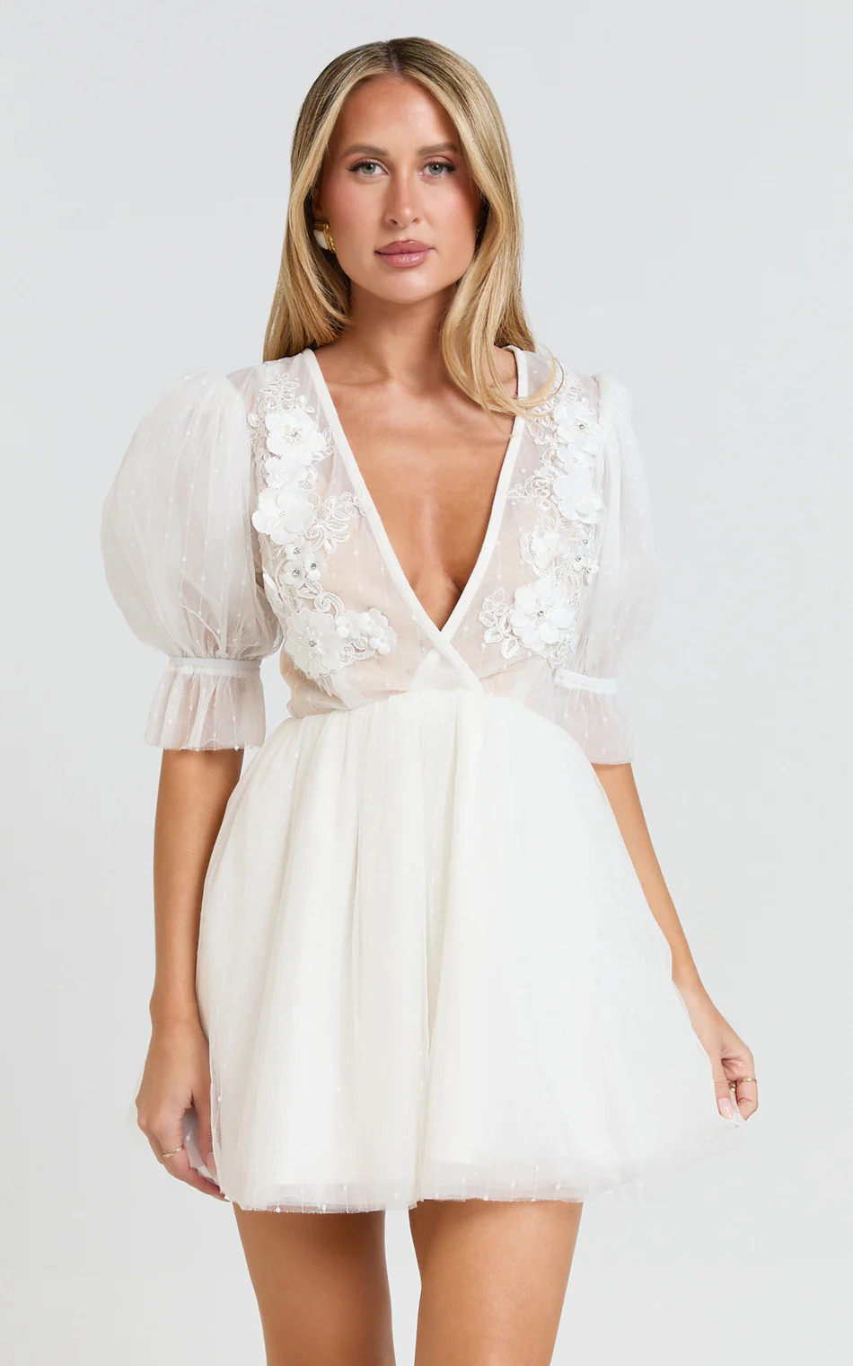 Puff Sleeve Floral Detail Plunge Neck Dress in White | Showpo (US, UK & Europe)