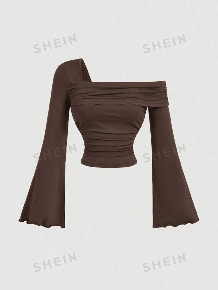 SHEIN MOD Women's Asymmetric Neck Ruched Flare Sleeve T-Shirt In Olive Green,Halloween Costume,Ai... | SHEIN