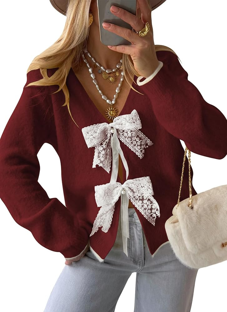 Cakulo Womens Bow Sweater Tie Front V Neck Cardigan Sweaters Lightweight Knit Fall Cardigans Crop... | Amazon (US)