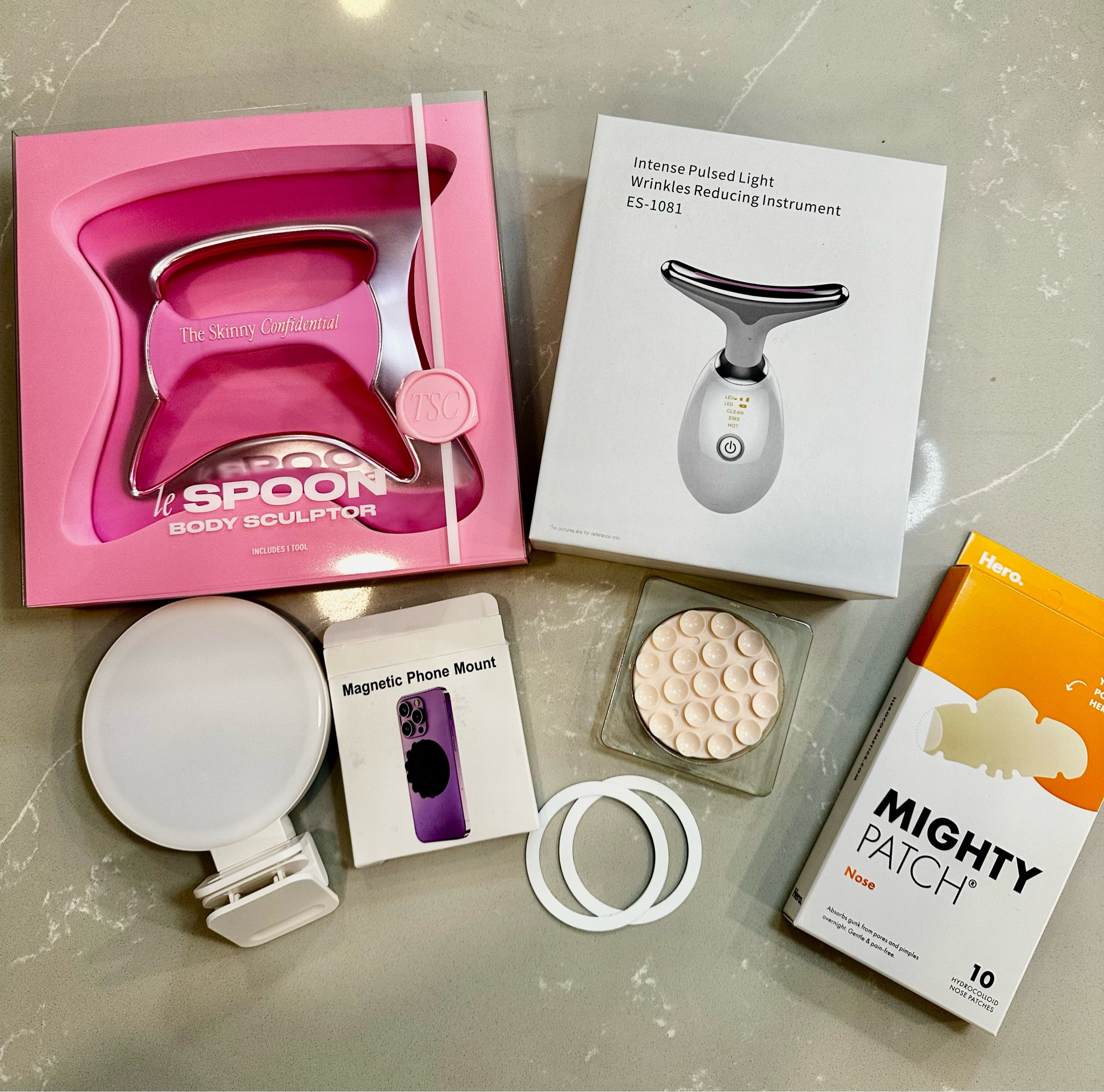 My recent Amazon purchase 🛍️
Le Spoon 🥄
promotes lymphatic drainage
releives muscle tension
reduces inflammation
sculpts + contours
breaks down fascia, helping with unwanted cellulite

Neck Face Beauty Device - 3 lights that help sculpts, lift, reduces wrinkles, clears skin & acne scars + much more 

Selfie light - 3 different colors with 360 rotation 

Mighty Patches for the nose - sucks out all the gunk overnight while sleeping 

Magnetic suction for phone - no sticky back needed so you can take it on and off your phone case. Sticks to any surface, good for creating content, taking pictures, recording videos etc! 

Also added some other products I recently purchased that aren’t pictured 

#LTKstyletip #LTKfindsunder50 #LTKbeauty