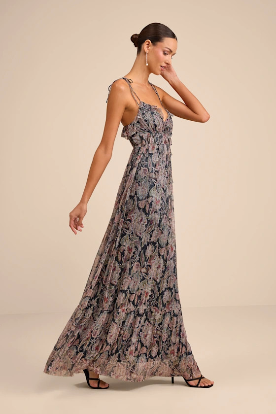 Teomara Navy Paisley Print Lurex Tie-Strap Maxi Dress | Lulus