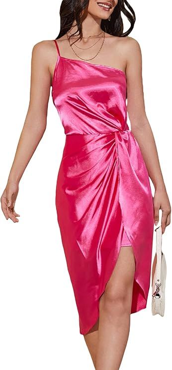 MakeMeChic Women's Elegant Satin Silk One Shoulder Sleeveless Wrap Split High Waist Midi Dress | Amazon (US)