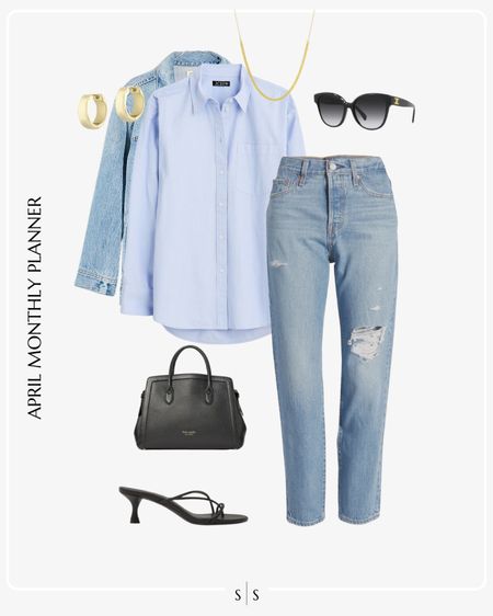 Monthly outfit planner: APRIL: Spring looks | blue button up, straight jeans, black sandal, denim jacket, layered denim 

See the entire calendar on thesarahstories.com ✨ 


#LTKstyletip