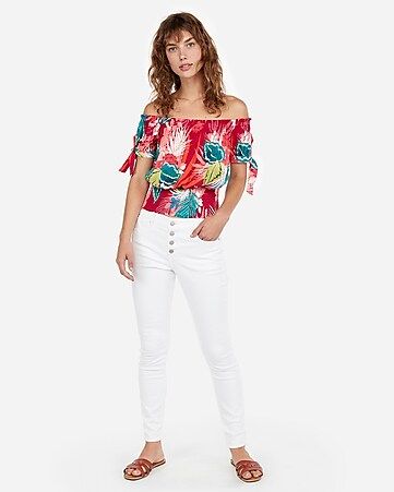 floral off the shoulder smocked hem top | Express