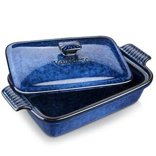 1-Piece Rectangle Stoneware Casserole Dish Set with Lid Baking Tray Lasagna Pan Pie Dish Blue Bakeware 1.9 qt. | The Home Depot