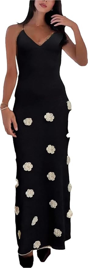 Women's Knit Maxi Dress Spaghetti Strap Floral Dresses Bodycon Knitted Beach Long Dress Backless ... | Amazon (US)
