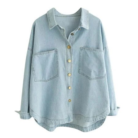Denim Jacket for Women Jean Shirt Casual Long Sleeve Classic Denim Blouse Loose Fit Denim Button Up Shirt Women | Walmart (US)