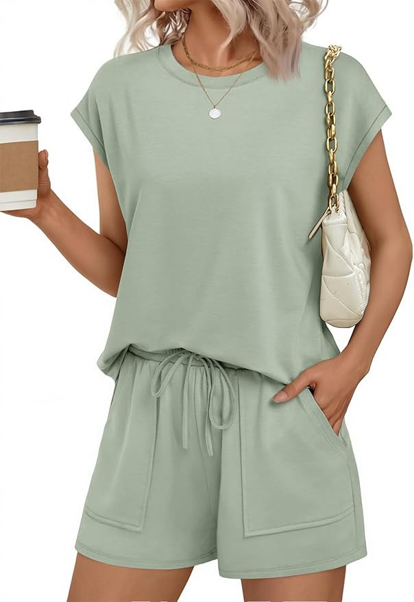 Ekouaer Two Piece Sets for Women Summer Crew Neck Lounge Short Sets Cap Sleeve Drawstring Vacatio... | Amazon (US)