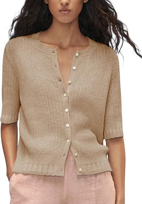 Womens Knit Cardigan Half Sleeve Lightweight Ribbed Cardigan Open Front Button Down Round Neck Casual Sweater | Amazon (US)