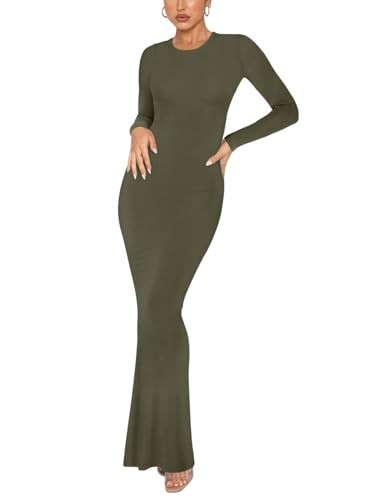 REORIA Women's Sexy Crew Neck Lounge Long Dress Elegant Long Sleeve Ribbed Bodycon Maxi Dresses | Amazon (US)