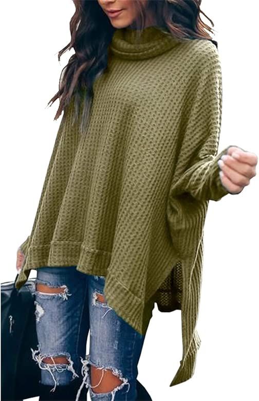 Women’s Casual Cowl Neck Solid Long Batwing Sleeve Pullover Tops Waffle Knit High Low Oversized... | Amazon (US)