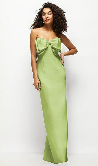 Strapless Satin Column Maxi Dress with Oversized Handcrafted Bow in Mojito | The Dessy Group