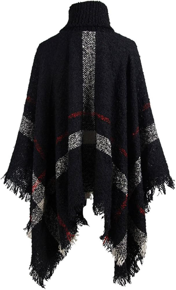 QZUnique Women's Turtleneck Poncho Sweater Knit Cape Pullover Shawl Wrap Dress Ponchos Tassels | Amazon (US)