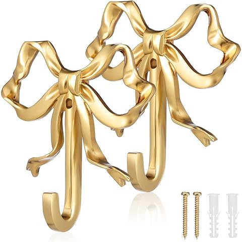 2Pcs Large Size Gold Bow Wall Hook, Gold Coat Hook, Metal Hook, Bow Room Decor Hooks for Coats, C... | Amazon (US)