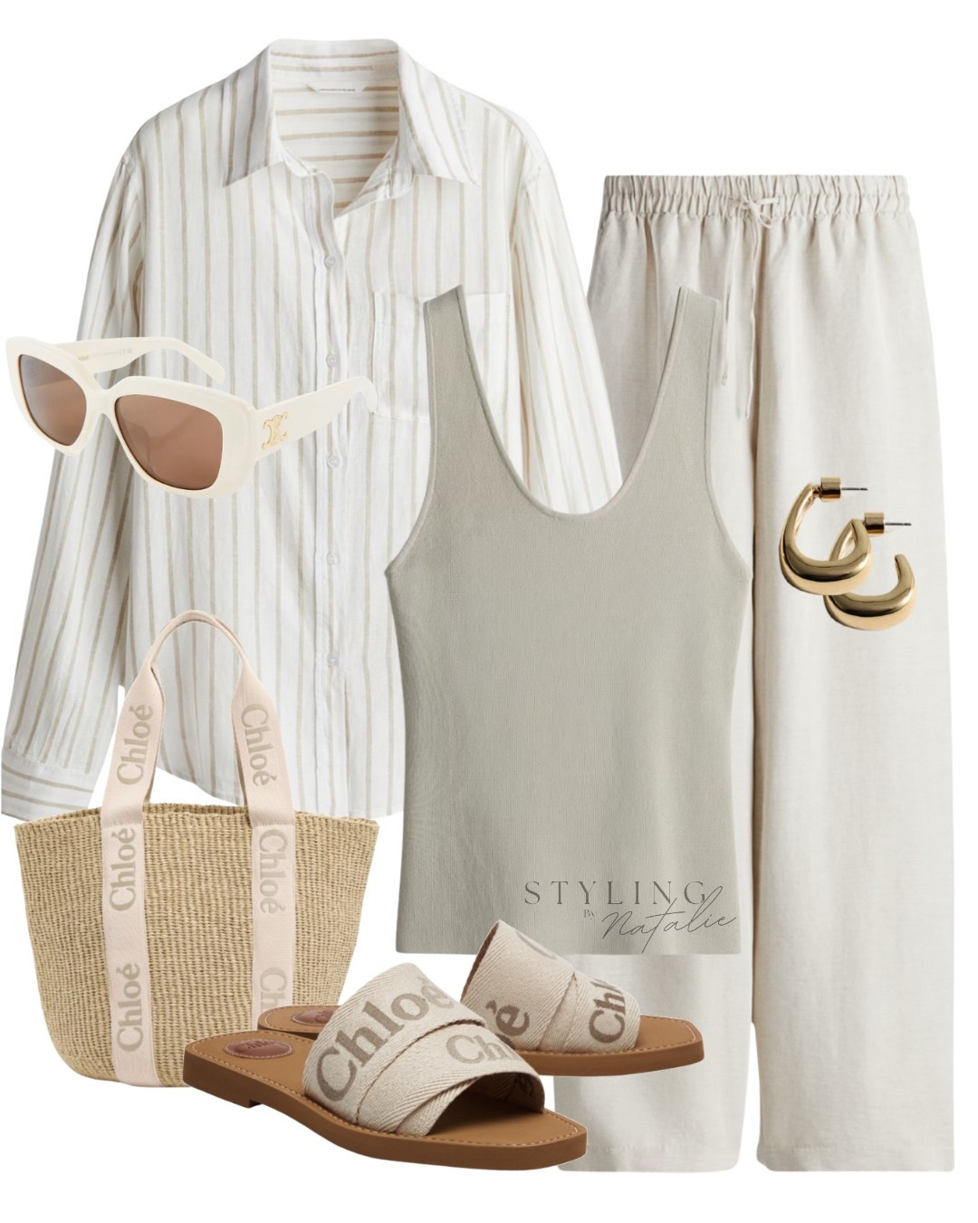Spring look- stripe linen shirt, drawstring linen trousers, scoop neck vest, Chloe bag &  sandals, Celine sunglasses & gold earrings. Beige outfit, casual, everyday, neutral outfit.

#LTKeurope #LTKspring #LTKsummer