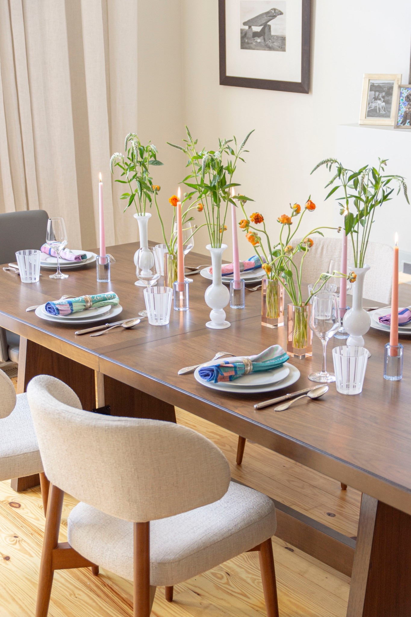 Summer dinner party table setting idea, summer tablescape inspiration, colorful taper candles, floral arrangements, colored glass vases, classic dinnerware 

#LTKHome #LTKStyleTip