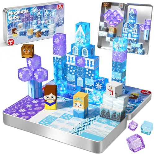 Magnetic Blocks, 45pcs Travel Toys Building Set with Magnetic Tin Box, Transparent & Light Up Magnet Block Cubes for Blue Snow Castle Build, Princess Toys Christmas Birthday Gifts for Kid Girl 3+ | Amazon (US)