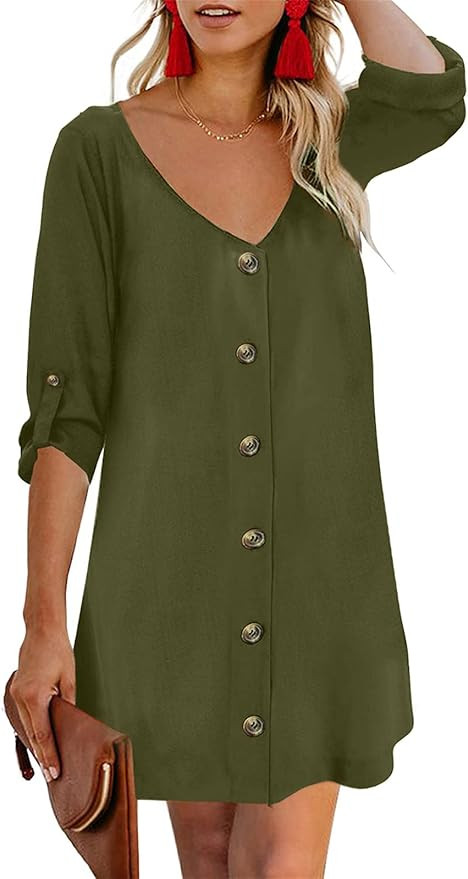 AlvaQ Women Summer Spaghetti Strap Button Down V Neck Sleeveless Casual Mini Dress | Amazon (US)