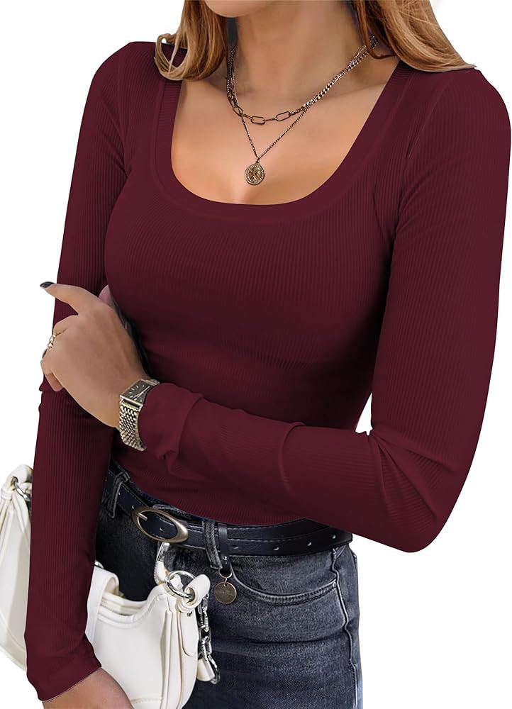 Ekouaer Womens Long Sleeve Shirts Square Neck Slim Fit Basic Tops Ribbed Thermal Undershirts Laye... | Amazon (US)
