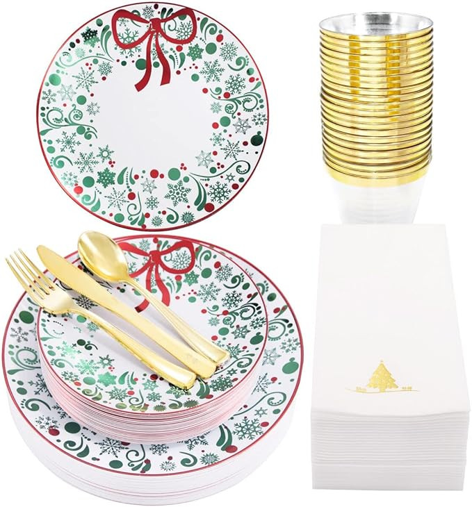 Nervure 175PCS Christmas Plastic Plates - Christmas Plates and Napkins include 25Dinner Plates, 2... | Amazon (US)