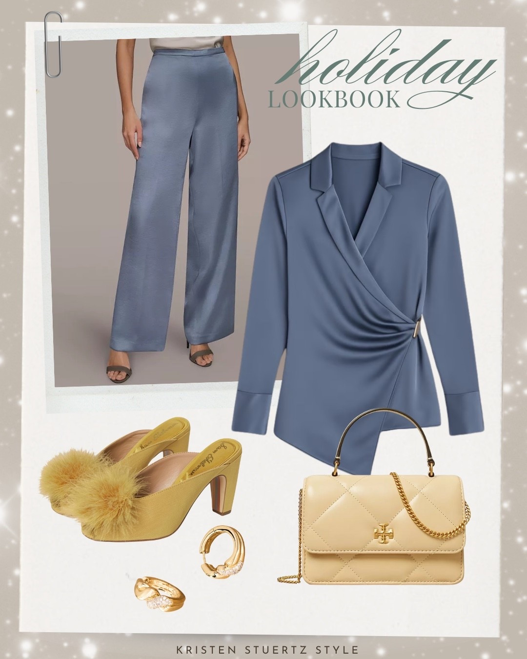 Holiday outfit: a light blue satin two piece look. Donna Karan satin wide leg pants paired with a matching top, Sam Edelman mules, Tory Burch handbag, and Missoma gold earrings.

#holiday outfits #light blue outfits #satin outfits #yellow purse #mules #feather mules #sam Edelman 

#LTKootd #LTKHoliday