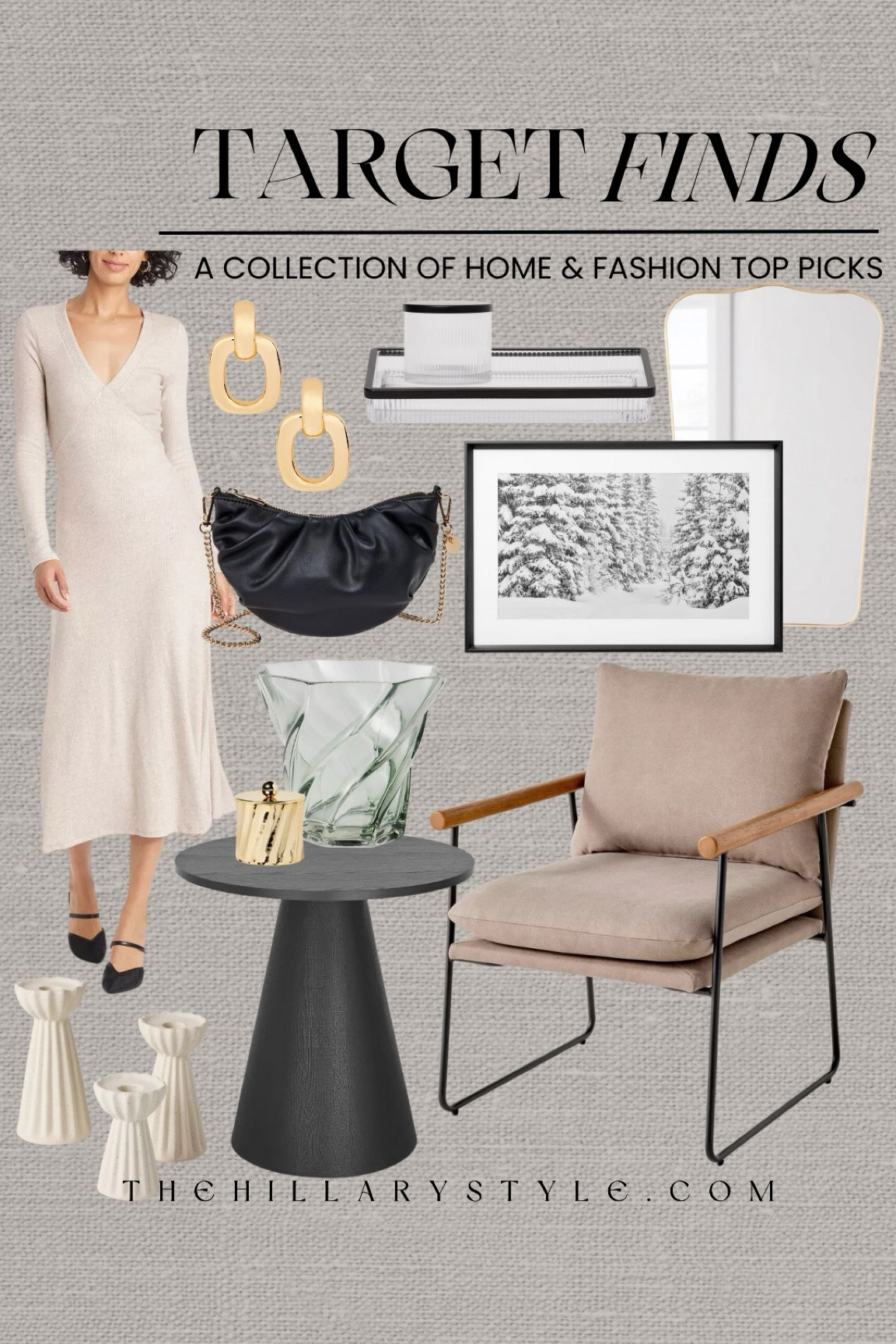 Target Finds: A Collection of home and fashion top picks. Accent chair, pedestal accent table, midi dress, black heels, crescent handbag, gold door knocker earrings, gold mirror, framed winter art, glass vanity tray, glass swirl case, ceramic candle holder set, gold candle. 

#LTKHome #LTKSeasonal #LTKStyleTip
