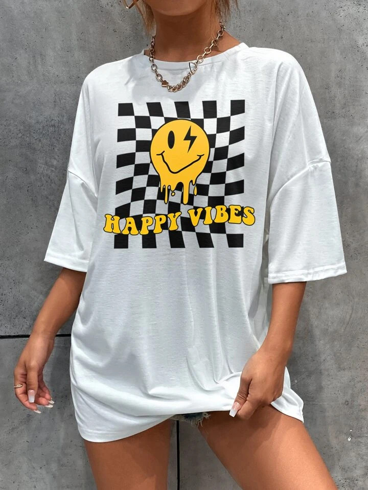 SHEIN EZwear Letter & Expression Print Drop Shoulder Tee | SHEIN