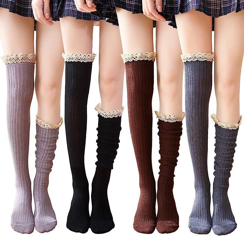 Amazon.com: 4 Pack Women Cotton Knit Boot Socks Knee High Socks Stockings with Lace Trim, Free si... | Amazon (US)