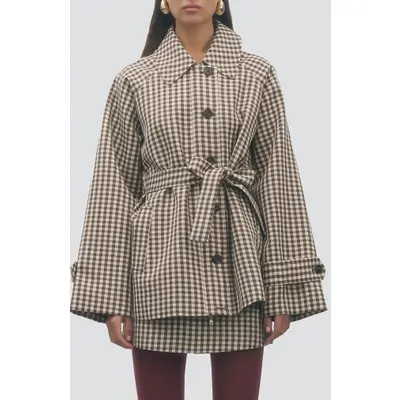 MAUDE CLUB Clarke Gingham Trench Jacket in Brown Beige at Nordstrom, Size Small | Nordstrom