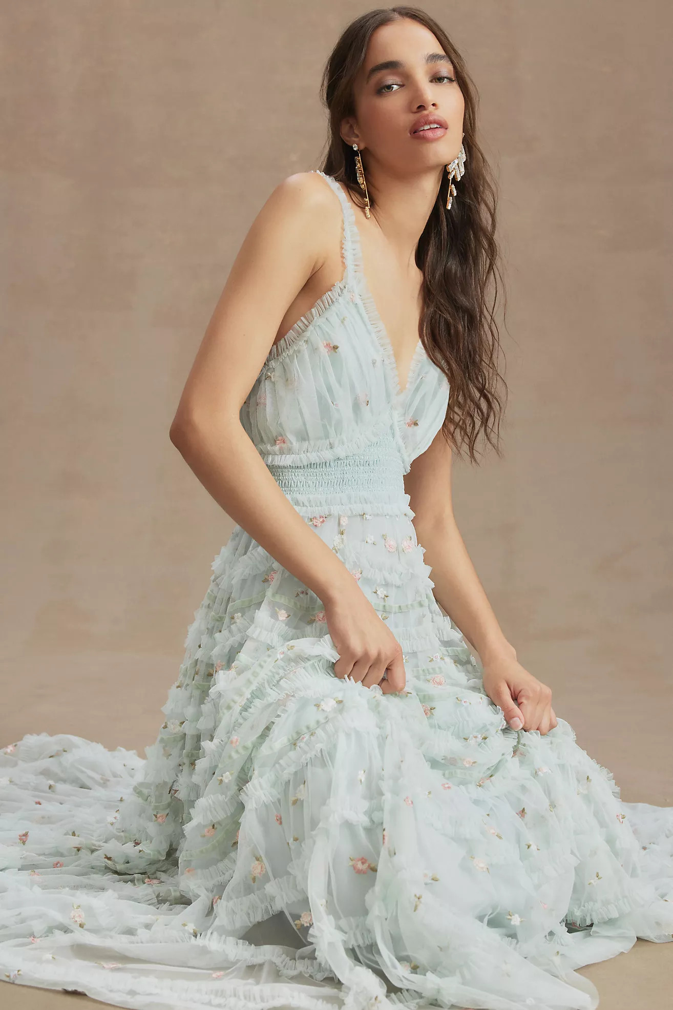 Mac Duggal Ruffled Cross-Back Smock-Waist Floral Embroidered Gown | Anthropologie (US)